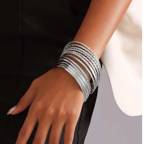 Gold Bangles for Women, 12 Pcs Boho Stackable Bracelets Multi Layer Textured Chunky Bracelets Jewelry Set for Women - color: Style A- 12 pcs silver