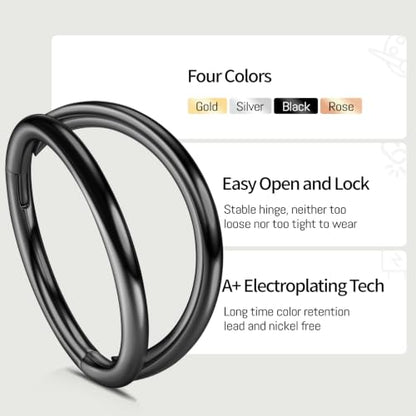 WBRWP 2PC Titanium Double Hoop Nose Rings: 16G/18G/20G Cartilage Earrings Septum Rings Clicker, Hypoallergenic Lightweight Conch Piercing Jewelry Black Gold Silver Rose Gold - color: Black, size: 20g 7mm
