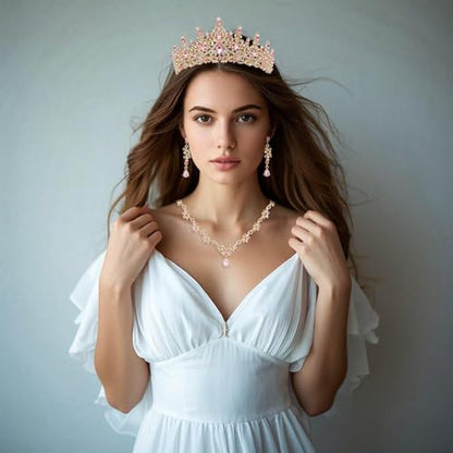 Crystal Crown Jewelry Set for Women Bride Queen Tiara Earrings and Necklace | Metal Royal Crown Costume Jewelry Set Wedding Prom Quinceanera Party Pageant Halloween Retirement Christmas Birthday Gift - color: Pink