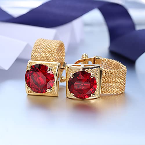 HAWSON Mens Cufflinks with Chain - Stone and Shiny Gold Tone Shirt Accessories - Party Gifts for Young Men - color: 24K Gold Color+Siam Red Crystal