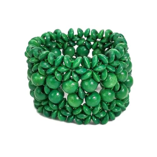 Multi-Colored Wooden Beads Stretch Bracelet Wide Chunky Bangle Bohemian Jewelry Wood Elastic Wristband for Women - color: green