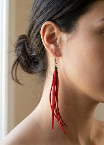 Handmade Genuine Leather Earrings for Women – Long Teardrop Boho Dangles, Lightweight Statement Fashion Jewelry - style: Springs-Red