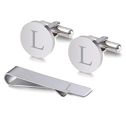 WIGERLON Initial Cufflinks and Tie Clip Set for Men,Stainless steel Letter Cuff Links and Tie Bar Set gift for Father Husband Son Boyfriend - style: L-Silver