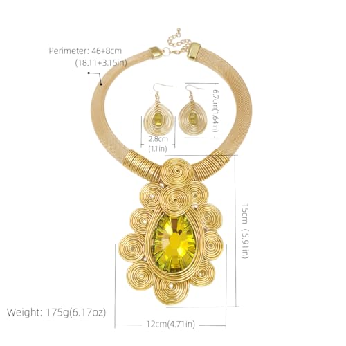 African Jewelry Sets Statement Big Crystal Pendent Necklace Earrings Set For Women Handmade Bib Collar Costume Tribal Fashion Accessories - color: KDLUN5305 Gold