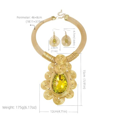 African Jewelry Sets Statement Big Crystal Pendent Necklace Earrings Set For Women Handmade Bib Collar Costume Tribal Fashion Accessories - color: KDLUN5305 Gold