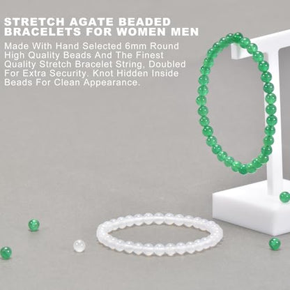 2PCS Agate Bracelet for Women Men Natural Round Beaded Agates Stone Healing Stretch Bracelets Elastic Handmade Polished Gemstone Beads Bracelet - color: White+Green, size: 6mm Beads