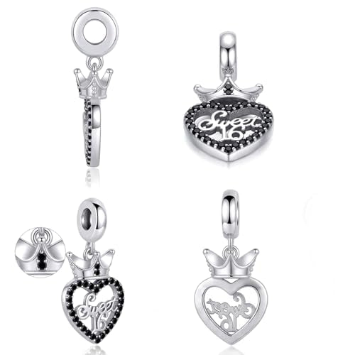 Sweet 16 Celebration Dangle Charm Happy Birthday Compatible with Pandora Bracelet - color: Black