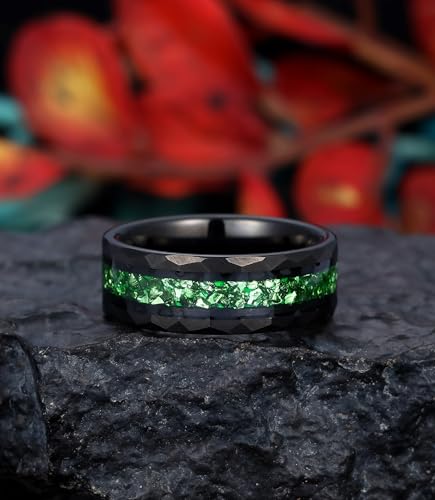 8mm Black Tungsten Mens Wedding Band with Moss Agate/Emerald/Citrine | Amethyst/Aquamarine, Gothic, Birthstone, Hammered, Engagement Promise Ring, Anniversary Valentine Day Birthday Gift for Him - style: Emerald
