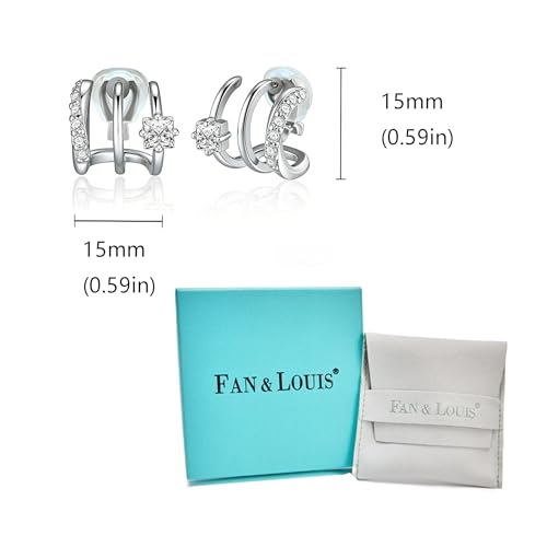 FAN&LOUIS Clip On Earrings Women, Gold Silver Triple Huggie Stud Clip-on Earrings Cubic Zirconia|Double Huggie Hoop Gold Hoop Earrings Clips for Women Trendy Lightweight - style: Silver