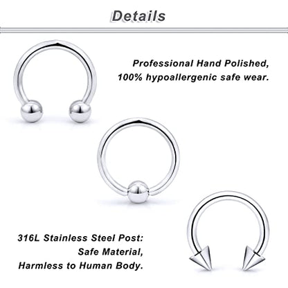 00G 0G 2G 4G 6G 8G 10G 12G 14G 16G Septum Rings Silver Black Surgical Steel Heavy Gauges Earrings Stretching kit Eyebrow Lip Septm Nose Rings Helix Tragus Daith Rook Earrings Hoops 10mm-19mm - color: Silver, size: 2G(6.0mm)-Inner Dia:16mm
