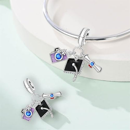 Charm for Bracelets and Necklaces, Heart Animals 925 Sterling Silver Bead Celestial Sun Moon Star Charms Jewelry Gift for Women Girls - color: Graduation Triple Dangle Charms