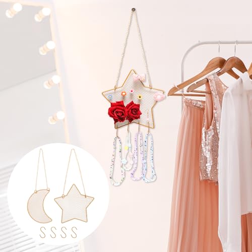 2pcs Gold Wall Mounted Earring Organizer with 10 Hooks,Decorative Jewelry Stand Diamond Grid Display Rack Hanging Hook,Metal Jewelry Holder for Home/Necklaces/Bracelets(Star+Moon) - size: Star+Moon