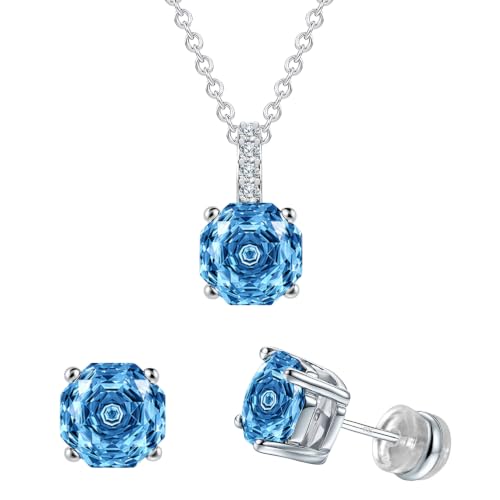 Rose Cut Silver Solitaire Necklace and Earring Set for Women, Jewelry Gift | Rose Cut, Cubic Zirconia, Necklace and Stud Earrings Set, Jewelry Set, Minimalist - color: Aquamarine Blue
