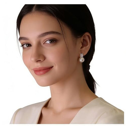 Faux Pearl Cubic Zirconia Stud Earrings, Hypoallergenic Lightweight Round Pearl Studs for Women - color: White, size: Pearl 12mm-CZ 4*8mm