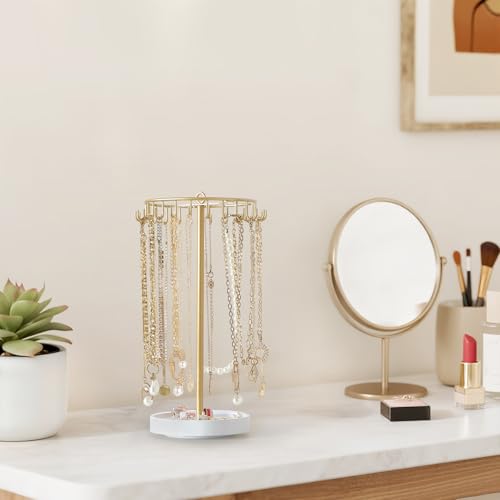 Mkono Rotating Necklace Holder, Gold Jewelry Display Rack Organizer Stand | 360° Rotation Tree Tower, 22 Hooks Hanging, Storage for Bracelets Keychains, Home Bedroom Dressing Table Decor,Women Gifts