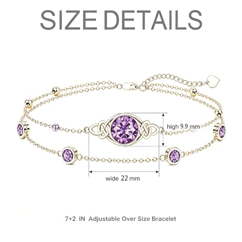 Midari 18K Gold Irish Infinity Celtic Knot Birthstone Layed Anklet Bracelet with 12 Months Birthstone Birthday Jewelry Gifts for Women Mom - color: 02-Amethyst, size: Bracelet 7"-9"