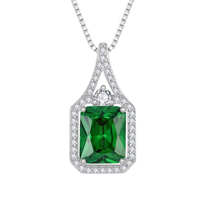 Created Gemstone Necklace 925 Sterling Silver Halo Rectangular Pendant Birthstone Necklaces Jewelry Gifts for Women - color: 05 May - Emerald