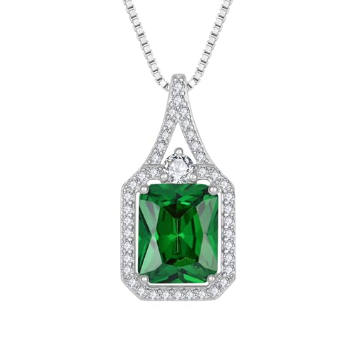 Created Gemstone Necklace 925 Sterling Silver Halo Rectangular Pendant Birthstone Necklaces Jewelry Gifts for Women - color: 05 May - Emerald