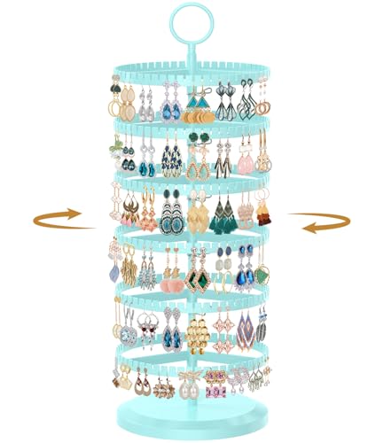 MODOWEY 6 Tier Rotating Earring Holder Organizer, Adjustable Metal and Plastic Stand Tree with 342 Grooves for Stud Hoop Pierced Dangle Display, Decluttered, Space-Saving Storage Rack for Women, Blue - color: Blue