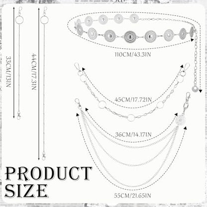 Jadive 5 Pieces Belt Chain Jeans Pants Pocket Waist Multi-Layer Hip Hop Metal Wallet Chain for Men Women - style: Concho, Silver
