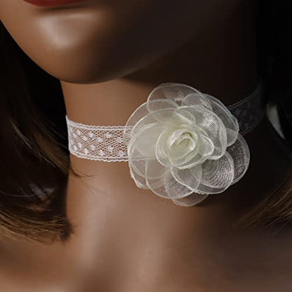 Black Choker Camellia Flower Lace-up Necklace For Women - color: Creamy White