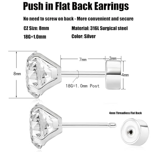 Threadless Flat Back Earrings, Hypoallergenic 14K Real Gold Plated CZ Stud Earrings | Cartilage Earring | Tragus Helix Piercing Jewelry | Push in Flatback Earrings for Women Men - color: Silver, size: 8 Millimeters