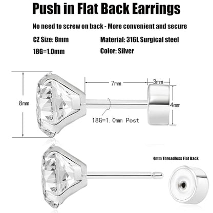 Threadless Flat Back Earrings, Hypoallergenic 14K Real Gold Plated CZ Stud Earrings | Cartilage Earring | Tragus Helix Piercing Jewelry | Push in Flatback Earrings for Women Men - color: Silver, size: 8 Millimeters
