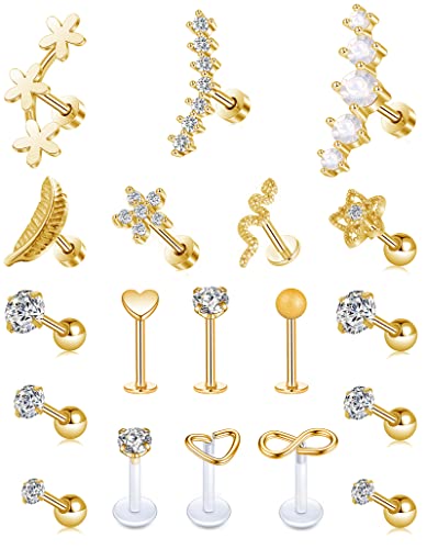 Tornito 9-30Pcs Cartilage CZ Stud Earrings Conch Forward Helix Tragus Daith Piercing Lip Rings Snake Heart Butterfly Jewelry for Women Men 16G Silver Gold Tone - color: E:Gold Tone