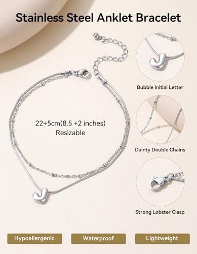 ChainsHouse Initial Ankle Bracelets for Women Waterproof, 14K Gold Plated Layered Initial Anklets Non Tarnish, Adjustable Stainless Steel Women's Ankle Summer Beach Foot Jewelry - color: Stainless Steel, size: Initial H