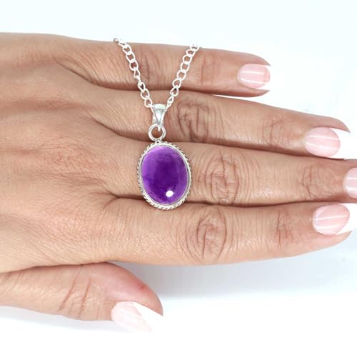 Chunky Natural Gemstone Pendant Necklace For Women Onyx, Turquoise, Amber, Garnet Oval Boho Genuine 925 Sterling Silver Handmade Jewelry - color: Amethyst