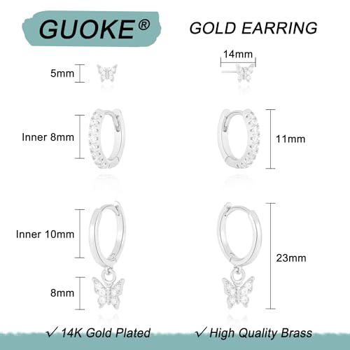 3 Pairs Earring Stacks, Gold Earring Set Jewelry Gift for Women | Small, 14K Gold/White Gold/Black/Rose Gold Plated, Hypoallergenic, Her, Everday, Stackable, Simple, 3 Holes - color: Silver-Butterfly