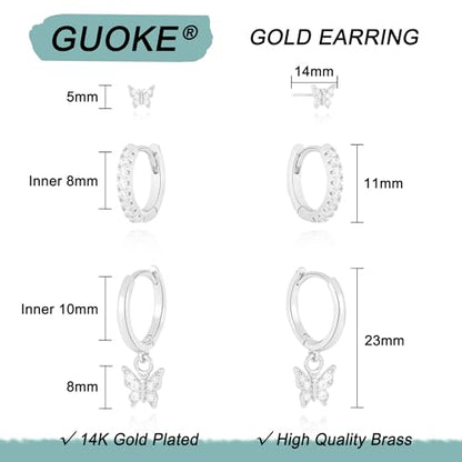 3 Pairs Earring Stacks, Gold Earring Set Jewelry Gift for Women | Small, 14K Gold/White Gold/Black/Rose Gold Plated, Hypoallergenic, Her, Everday, Stackable, Simple, 3 Holes - color: Silver-Butterfly