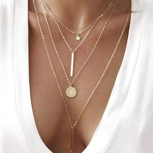 Layered Necklace Pendant Handmade Dainty Choker Bar Layering Long Necklace for Women(Silver) - color: Golden star