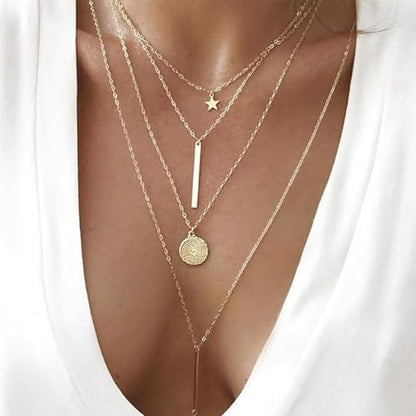 Layered Necklace Pendant Handmade Dainty Choker Bar Layering Long Necklace for Women(Silver) - color: Golden star