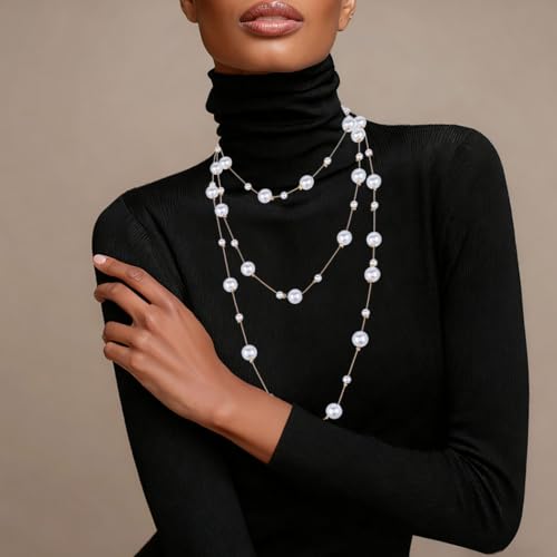 Long Pearl Necklaces for Women Faux Pearl Strand Necklace Gold Dainty Necklaces 1920s Statement Costume Jewelry