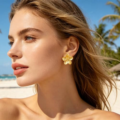 Gold Statement Earrings For Women, 14K Gold Plated Textured Geometric Drop Earrings - Hypoallergenic Stainless Steel Statement Earrings for Women, Waterproof Fan-Shaped Dangle Earrings for Beach & Daily Wear - color: Flower DKE252067GL