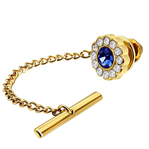 AMITER Crystal/Pearl Tie Tack with Chain, Gold Mens Tie Pin Necktie Pins Lapel Pin for Wedding Birthday Anniversary Party - color: 24k Gold+Blue Crystal