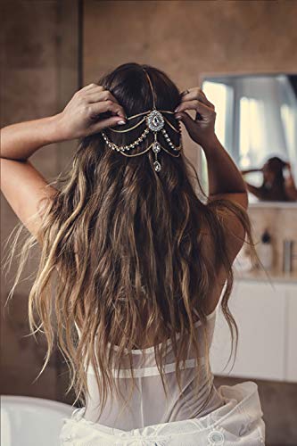 DoubleNine Bohemian Head Chain Bridal Wedding Headpiece Rhinestone Teardrop Headband Crystal Hair Accessories Headpiece Goddess Head Dress for Women (gold) - color: gold
