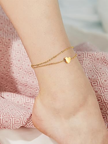FaithHeart Waterproof Ankle Bracelets for Women, 1/2/3Pcs Non Tarnish Stainless Steel Layered Anklet Set Paperclip Figaro Cuban Link Chain Dainty Summer Beach Jewelry Gift Adjustable Size - style: b.Heart - Gold