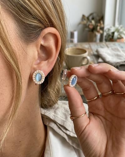 Vintage Style Pearl and Blue Stone Earrings,clip on earrings for women, Gold-Tone Frame,1920s,Oval Shape with Pearl Border
