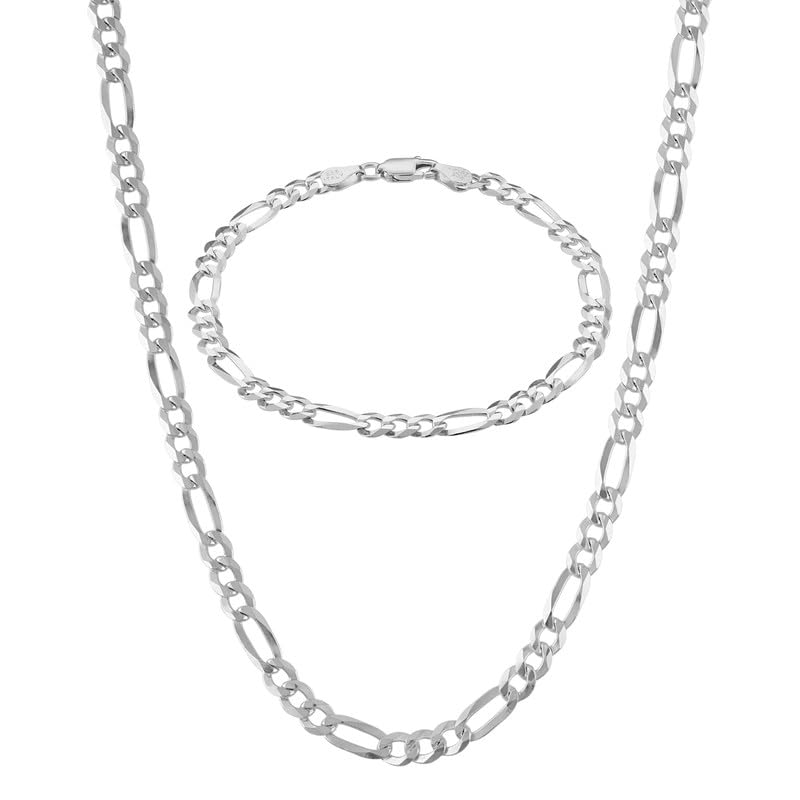 KISPER Italian 925 Sterling Silver Diamond Cut 5mm Figaro Link Chain Necklace & Bracelet Set - 22" Necklace & 7" Bracelet - Made in Italy