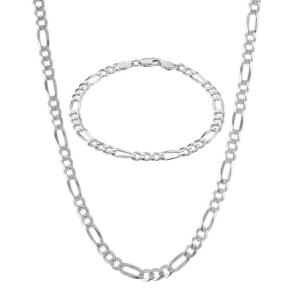 KISPER Italian 925 Sterling Silver Diamond Cut 5mm Figaro Link Chain Necklace & Bracelet Set - 22" Necklace & 7" Bracelet - Made in Italy