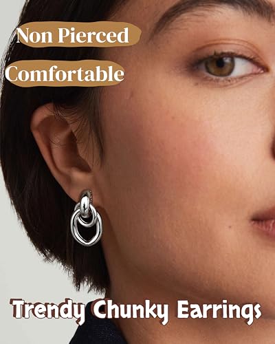 FIBO STEEL 1 Pair Clip On Earrings for Women Non Pierced Ears | Chunky Knot Link, Geometric Statement Colorful Dangle Clip Earrings, Trendy Jewelry Gift - color: Link Silver Plated