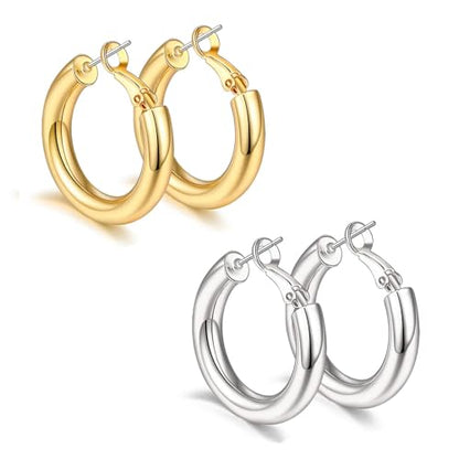 sovesi Chunky Hoop Earrings for Women, 14K Gold Plated Thick Hoops | 5mm Thick Hollow Tube Chunky Lightweight Hypoallergenic Hoop Earrings for Women - style: Gold and Silver 25MM