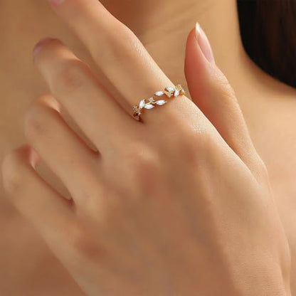 Gold Rings Non Tarnish Silver Adjustable Rings for Women Cubic Zirconia Leaf Ring Dainty Silver Stackable Ring for Women - style: gold