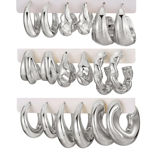 IFKM 24 Pairs Gold Hoop Earrings Set for Women Hypoallergenic Chunky Chain Twisted Open Hoops Dangle Earring Packs for Birthday Party Christmas Fashion Jewelry Gift - color: 9 Pairs Silver Style 2
