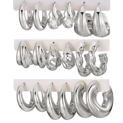 IFKM 24 Pairs Gold Hoop Earrings Set for Women Hypoallergenic Chunky Chain Twisted Open Hoops Dangle Earring Packs for Birthday Party Christmas Fashion Jewelry Gift - color: 9 Pairs Silver Style 2