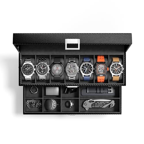 Watch Case Box for Men - 7 SLots Watches Storage Organizer Real-Glass Display Case with Jewelry Drawer 2-Layer Ti Pu Leather Collection Holder Gift for Love Ones Metal Black - size: 7 Slots, Metal Black