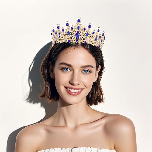 Tiaras and Crowns for Women Crystal Princess Tiaras Rhinestone Queen Crowns For Wedding Bridal Birthday Prom Pageant Party (Tiara 100) - color: Gold Blue