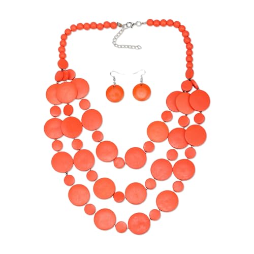 Colorful Wood Bead Necklace Earrings Set for Women Boho Jewelry | Multi Layers Statement Big Vintage Bib Female Chunky African Ethnic Pendant Rainbow Long Tribal Jewelry - color: NXR1447-orange